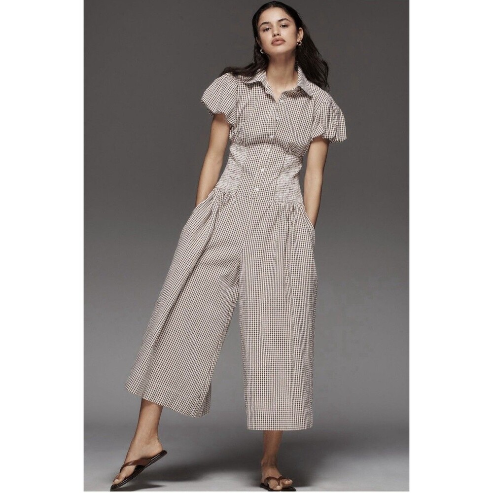 Anthropologie Maeve Puff Sleeve Basque Waist Wide Leg Jumpsuit Sz XXS  Brown